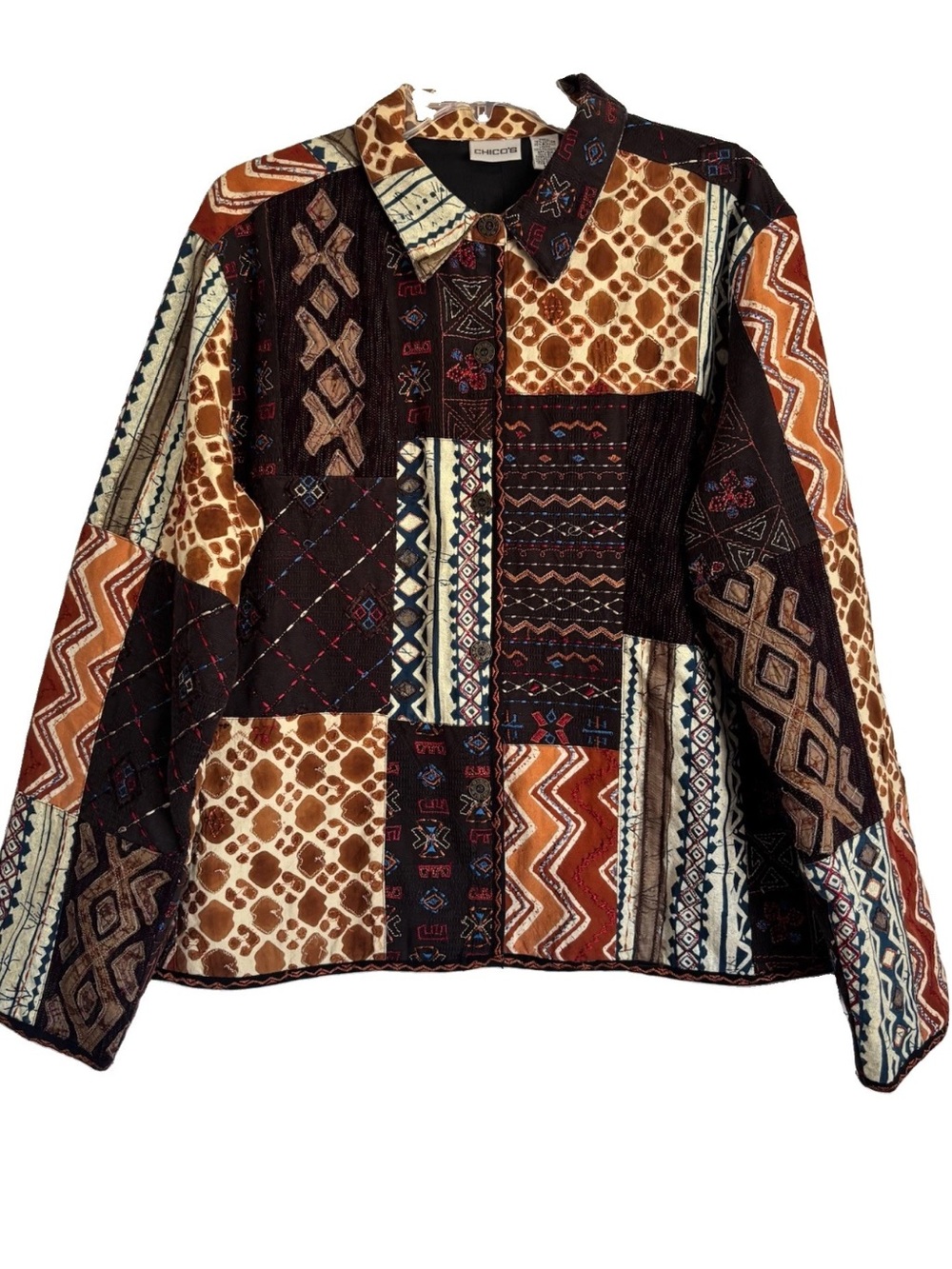 Chicos Silk Blend Patchwork Applique Embroidered Jacket